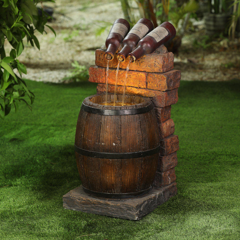 Luxen Home Resin Wine Bottle and Barrel Outdoor Fountain with LED Light
